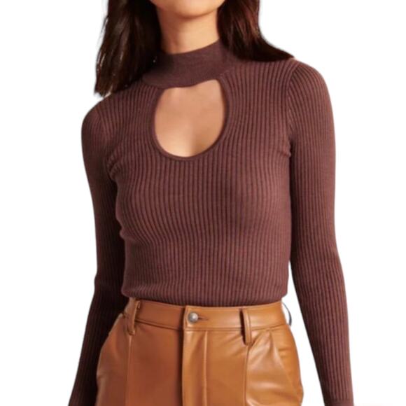 Abercrombie & Fitch Mock Neck Ribbed Knit Long Sleeve Fitted Brown Size Large - Picture 1 of 8